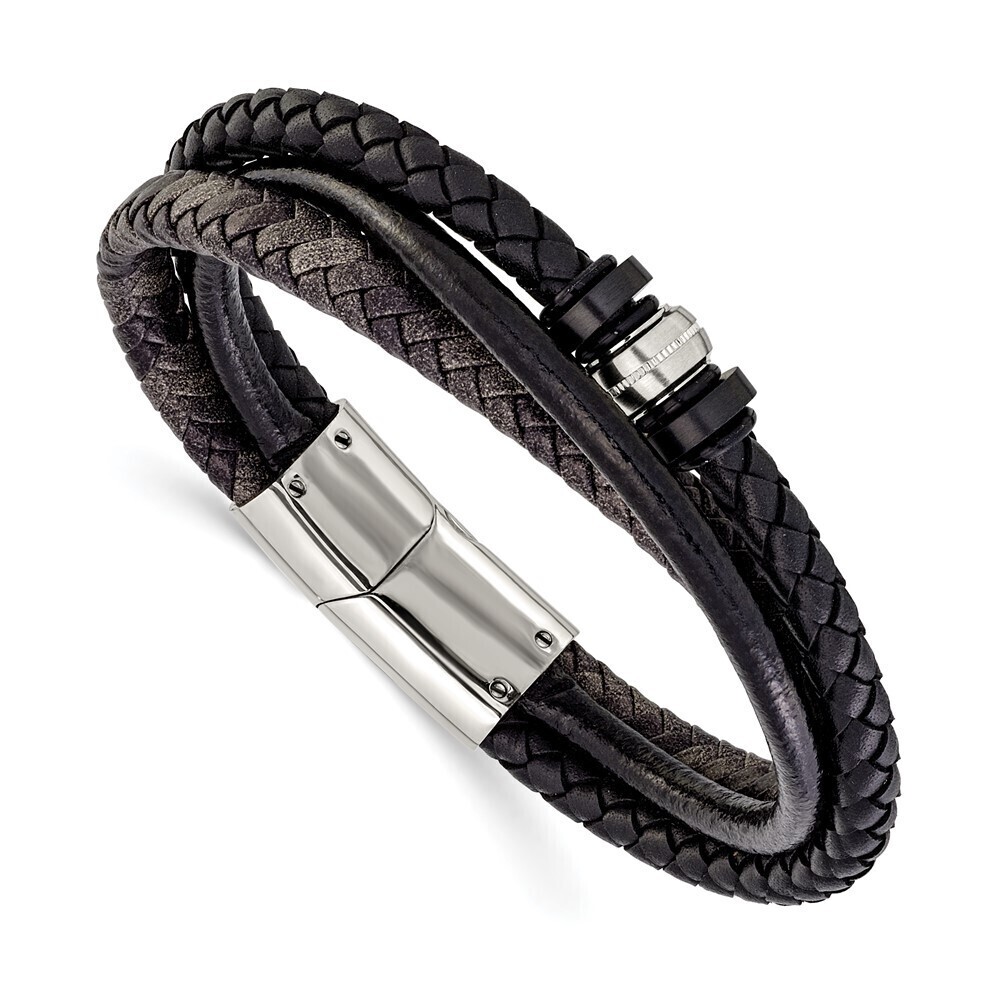 Kazi Luxury Steel Polished Black Braided Leather Multi Str& 8.5in Bracelet